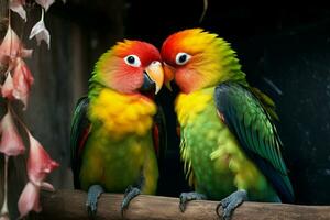 ai genererad befjädrad roman kärlek fåglar närbild, visa upp vibrerande och skön nyanser foto