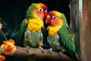 ai genererad fantastisk skönhet närbild av kärlek fåglar visas deras färgrik elegans foto