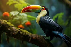 ai genererad exotisk locka papegojor porträtt uppsättning mot en bakgrund av de skog foto