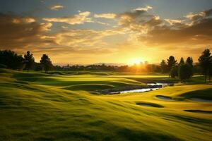 ai genererad solnedgång på de grön en golf kurs glöder med gyllene nyanser, fängslande lugn foto