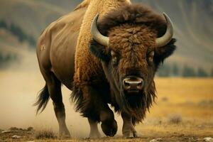 ai genererad mäktig grazer från Amerika, bison symboliserar styrka och nåd på öppen terräng foto