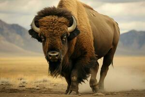 ai genererad stor amerikan bison, en majestätisk växtätare, strövar omkring fritt med imponerande styrka och elasticitet foto