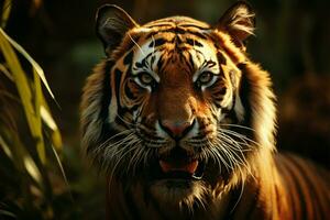 ai genererad tigrar nåd fångad i en detaljerad porträtt mot en skog foto