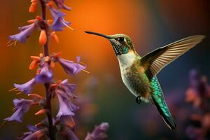 ai genererad kolibrier delikat charm visat upp i en porträtt med vibrerande blommor foto
