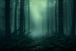 ai genererad efterhängsen atmosfär 3d tolkning av dimmig skog med kusligt begrepp foto