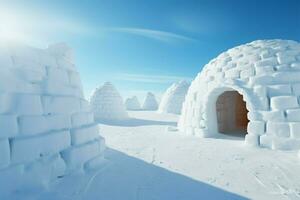 ai genererad igloo i de vildmark former en pittoresk bakgrund, symboliserar arktisk elasticitet foto