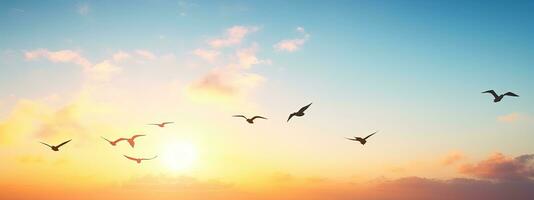 ai genererad abstrakt skön fredlig sommar morgon- himmel bakgrund, soluppgång ny dag och flygande flock av fåglar foto