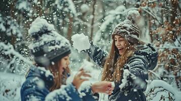ai genererad Tonårs flickor spelar snöbollar i de vinter- skog, stänga upp. roligt, vinter, vinter- högtider, semestrar. fotorealistisk, bakgrund med bokeh effekt. ai genererad. foto