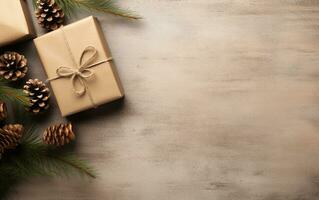 rustik jul bakgrund med gåvor och tall kottar. kopia Plats baner foto