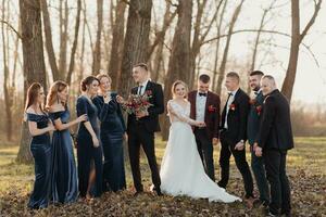 brudar och vänner i de natur. vänner på de bröllop. nygifta par, brudtärnor och groomsmen har roligt utomhus foto