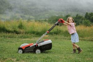 en barn i stövlar i de form av en spel klipper gräs med en gräsklippare i de gård mot de bakgrund av bergen och dimma, de begrepp av trädgård verktyg foto