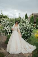 bröllop porträtt. en brunett brud i en spets slöja och en vit klänning med spets ärmar poser nära en blomning träd. Foto session i natur. Sol strålar