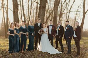 brudar och vänner i de natur. vänner på de bröllop. nygifta par, brudtärnor och groomsmen har roligt utomhus foto