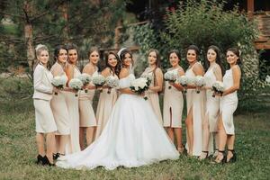 bröllop Foto i natur. en brunett brud i en lång vit klänning och henne vänner i naken klänningar stå mot en bakgrund av träd, leende och innehav deras Gypsophila buketter. ung kvinnor.