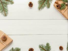 ai genererad jul sammansättning. jul gåva, tall kottar, gran grenar på en trä- vit bakgrund. platt lägga, topp se, kopia Plats. jul hälsning kort. foto