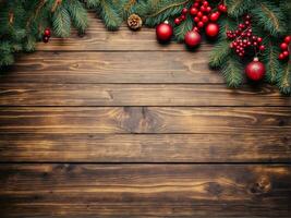 ai genererad jul bakgrund med gran träd och festlig dekoration på mörk trä- styrelse. ny år ram för din text. foto