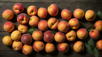 ai genererad mogen persikor på trä- bakgrund foto