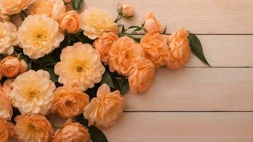 ai genererad delikat, mångsidig blommig ram av persika ro på en ljus persika bakgrund. sammansättning med kopia Plats. platt lägga foto