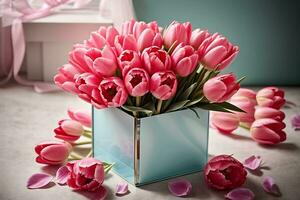 ai genererad gåva låda med en bukett av rosa tulpaner. hälsning kort för internationell kvinnors dag, mors dag, hjärtans dag, födelsedag foto