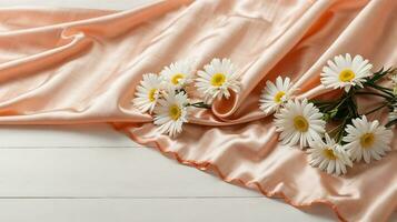 ai genererad delikat blommig arrangemang av daisy på persika silkig tyg med kopia Plats foto
