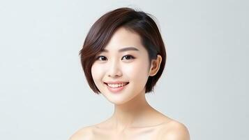 ai genererad porträtt asiatisk kvinna perfekt rena färsk hud isolerat på vit bakgrund. foto