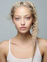 ai genererad porträtt av skön ung kvinna med lång flätad blond hår, isolerat vit bakgrund, ai generativ foto