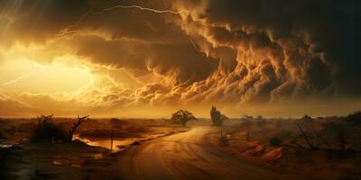 ai genererad stormig himmel med blixt- strejker i de öken. sandstorm landskap. generativ ai foto