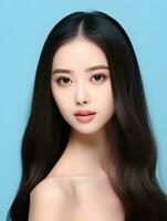 ai genererad ung skönhet japansk kvinna lång hetero hår med koreanska stil smink och perfekt rena hud på isolerat blå bakgrund, ai generativ foto