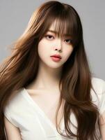 ai genererad porträtt av skön ung koreanska kvinna med lång hetero hår med mjuk lugg, ai generativ foto