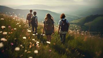 ai genererad en grupp av ung människor gående tillsammans klättrande en berg i sommar, gående genom de gräs och blommor på en skön kulle, Foto tagen från Bakom