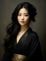 ai genererad porträtt av skön asiatisk kvinna med lång svart hår på isolerat bakgrund, ai generativ foto