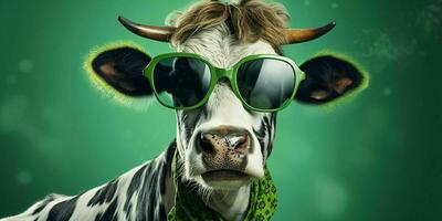 ai genererad porträtt av Häftigt och rolig ko bär glasögon i studio bakgrund. generativ ai foto