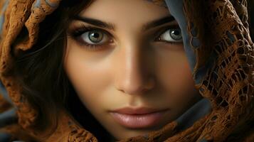 ai genererad närbild Foto av en skön arabicum kvinna i hijab med fantastisk ögon. generativ ai