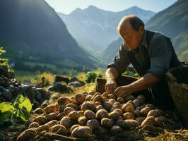 ai genererad jordbrukare skörda potatisar i en fält med berg se. generativ ai foto