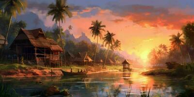 ai genererad skön landskap av by med med kokos hårlock på solnedgång. generativ ai foto