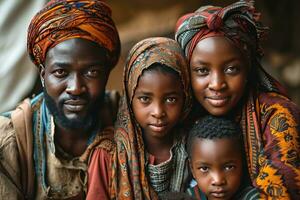 ai genererad porträtt av en Lycklig afrikansk muslim familj i traditionell kläder. generativ ai foto