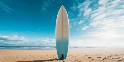 ai genererad surfingbräda på de strand med blå himmel se. generativ ai foto