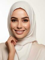 ai genererad porträtt av en ung kvinna bär en hijab, en skönhet produkt modell med en vit och rena ansikte, elegant poserar, studio Foto, isolerat vit bakgrund foto