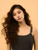ai genererad skön ung asiatisk kvinna bär tank topp med lång lockigt hår, koreanska stil smink och perfekt hud på ett isolerat bakgrund, ai generativ foto