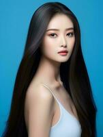 ai genererad ung skönhet japansk kvinna lång hetero hår med koreanska stil smink och perfekt rena hud på isolerat blå bakgrund, ai generativ foto