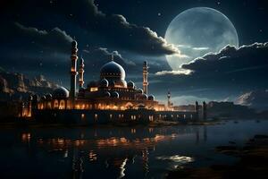 ai genererad elegant moské illustration på natt med stor måne och fantasi himmel. generativ ai foto
