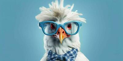 ai genererad söt och rolig kyckling bär glasögon och tillfällig utrusta. generativ ai foto