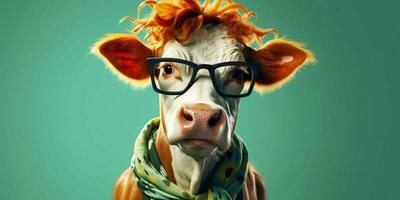 ai genererad porträtt av Häftigt och rolig ko bär glasögon i studio bakgrund. generativ ai foto