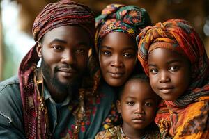 ai genererad porträtt av en Lycklig afrikansk muslim familj i traditionell kläder. generativ ai foto