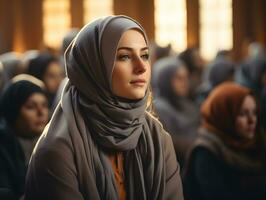 ai genererad skön muslim kvinna i hijab sitter i moské, lyssnande till predikan, generativ ai foto