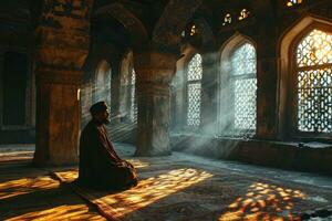 ai genererad muslim man bön- på en moské med solljus effekt. tillbe Gud. generativ ai foto