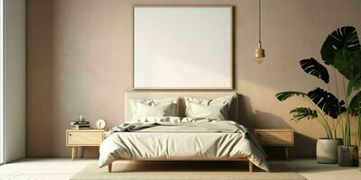 ai genererad minimalistisk beige säng rum interiör design med tom vit bild ram mockup. generativ ai foto