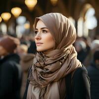 ai genererad skön muslim kvinna i hijab sitter i moské, lyssnande till predikan, generativ ai foto