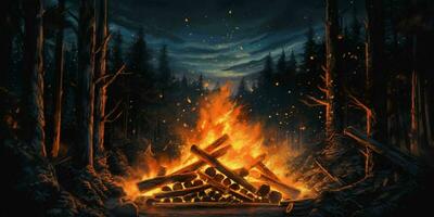 ai genererad stor bål med flamma i de skog på natt. brinnande trä lugg. generativ ai foto