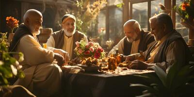 ai genererad en grupp av äldre muslim familj och vänner sammankomst under ramadan med utsökt maträtter på de tabell. iftar middag. generativ ai foto